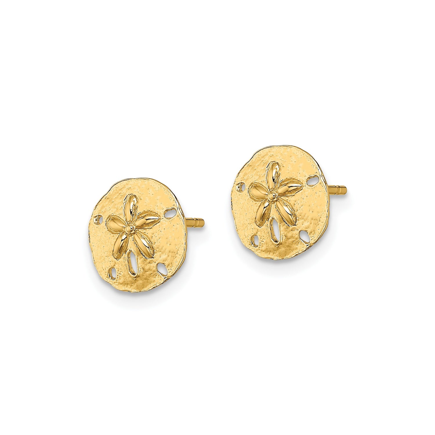 14k Yellow Gold Sand Dollar Stud Earrings with Textured Cutout Design, Coastal Jewelry for Women
