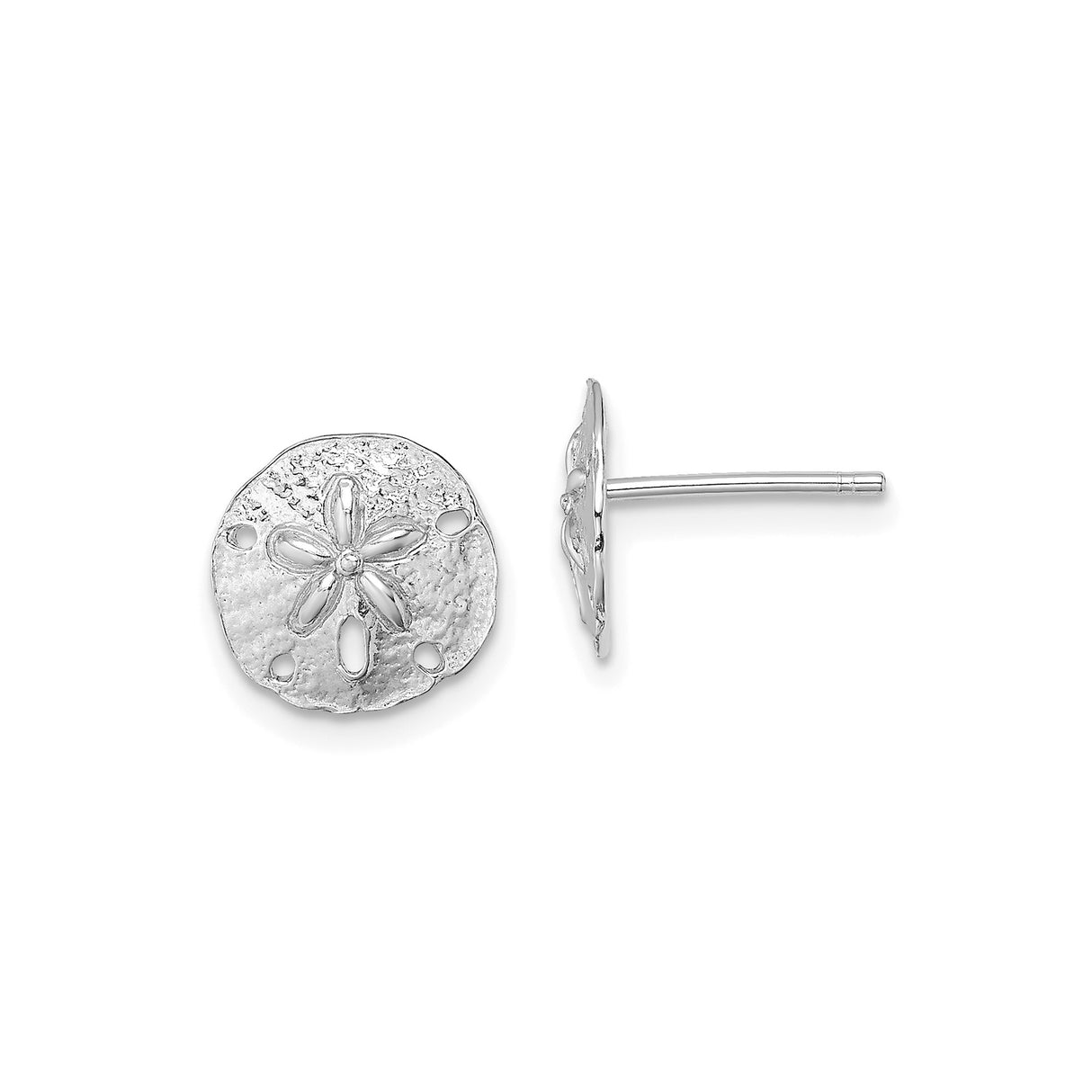 14k White Gold Sand Dollar Stud Earrings, Textured Ocean Coast Motif, Nautical Sea Life Style