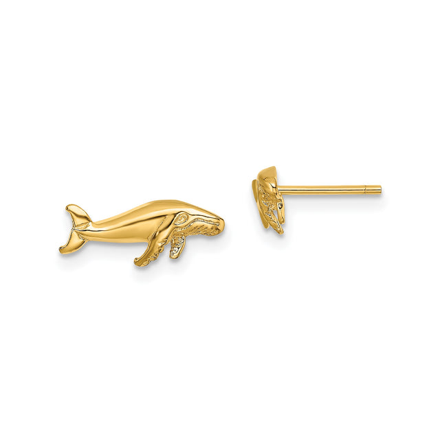 14k Yellow Gold Humpback Whale Stud Earrings, Nautical Ocean Animal Jewelry for Women and Unisex