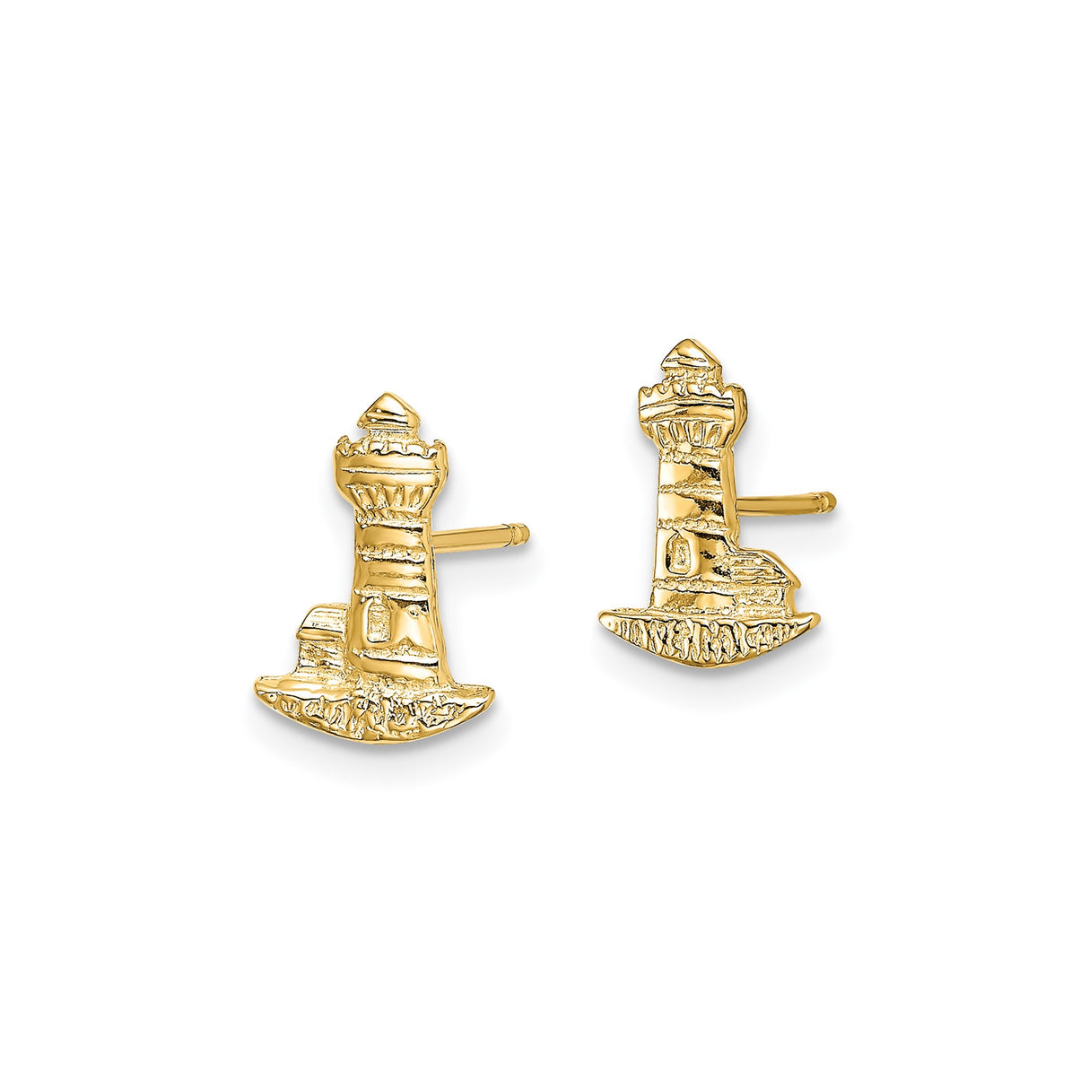 14k Yellow Gold Lighthouse Stud Earrings, Nautical Sea Motif for Women