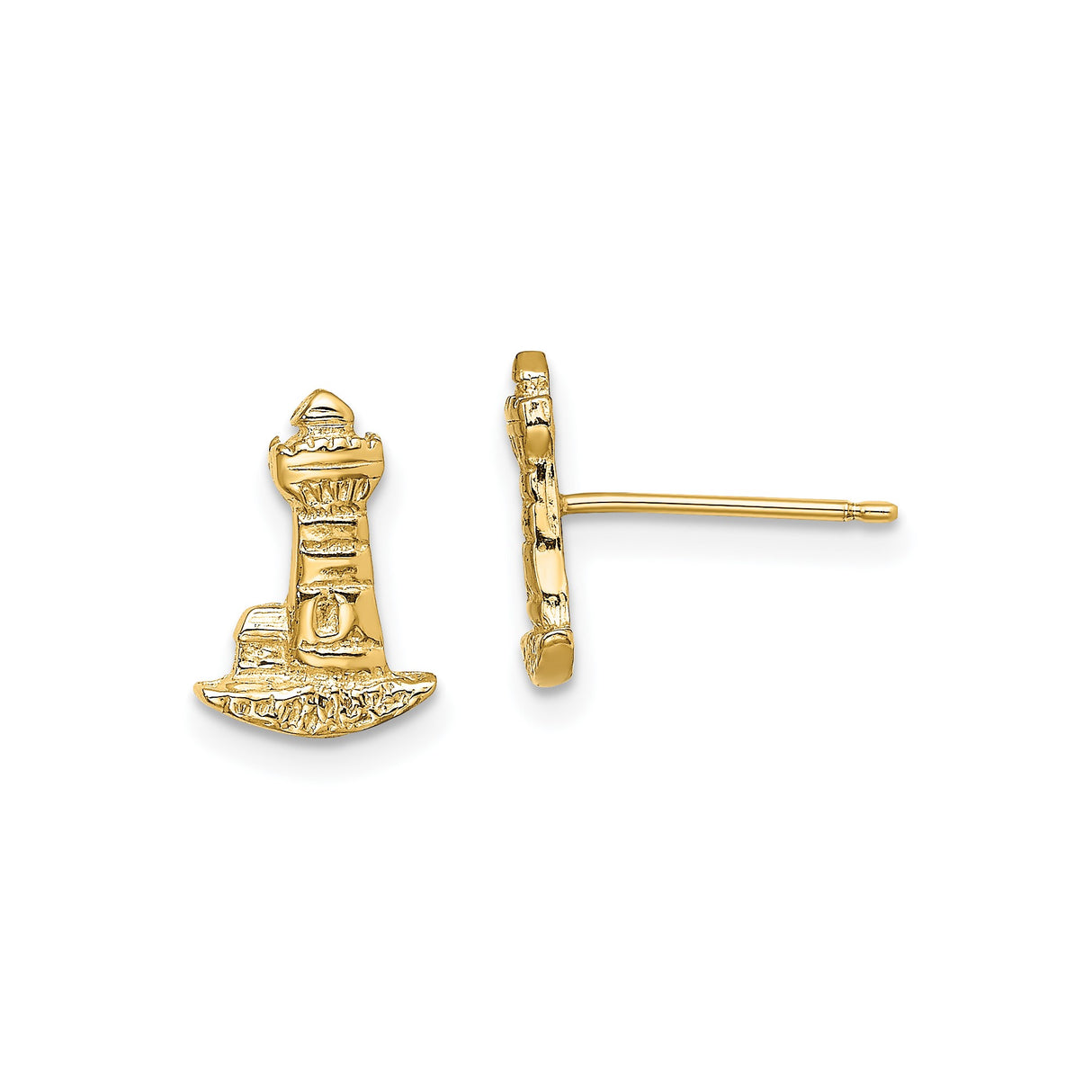 14k Yellow Gold Lighthouse Stud Earrings, Nautical Sea Motif for Women