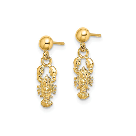 14k Yellow Gold Dangle Earrings with Lobster Charms, Nautical Coastal Style for Women