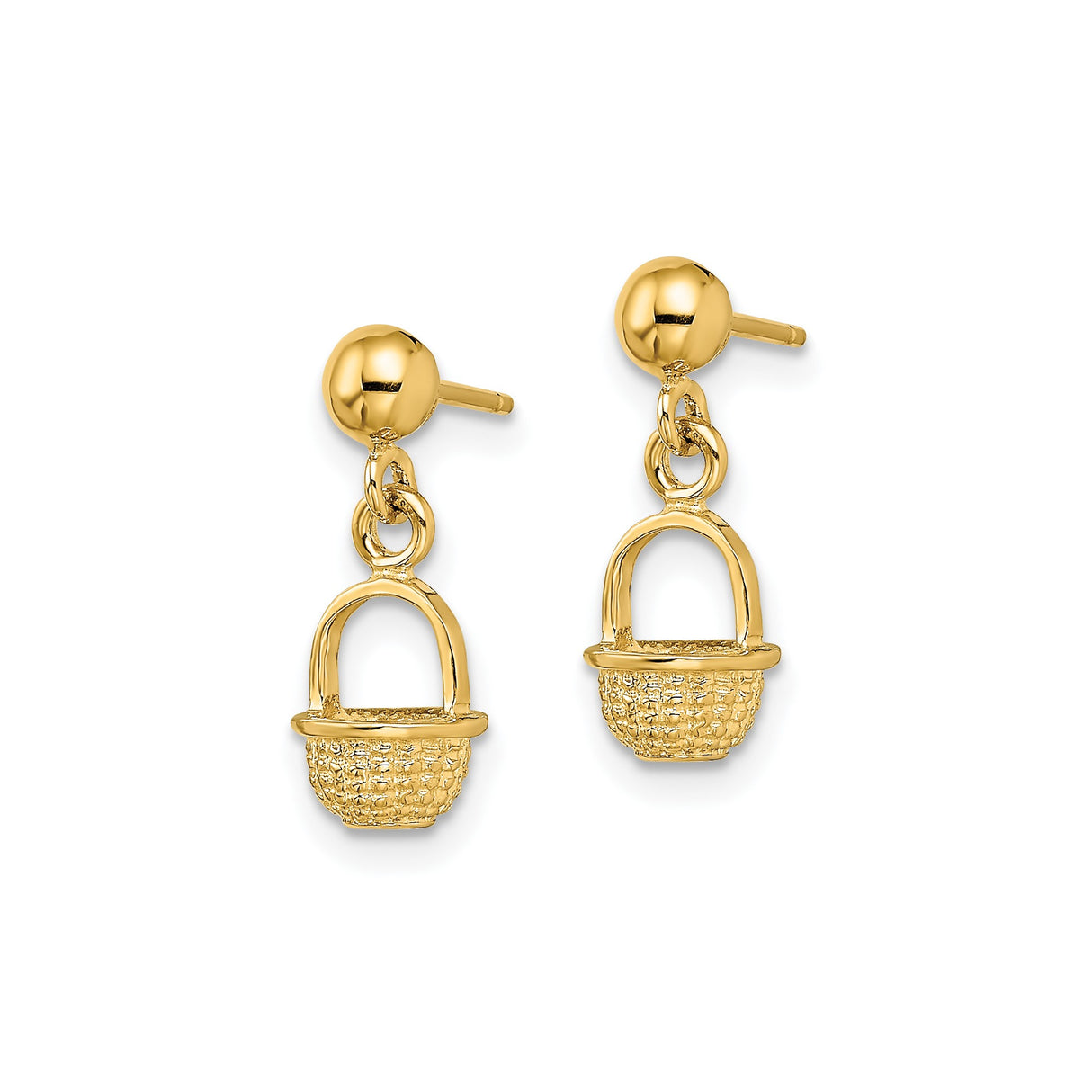 14k Yellow Gold Stud Earrings with Woven Basket Charm Design for Women
