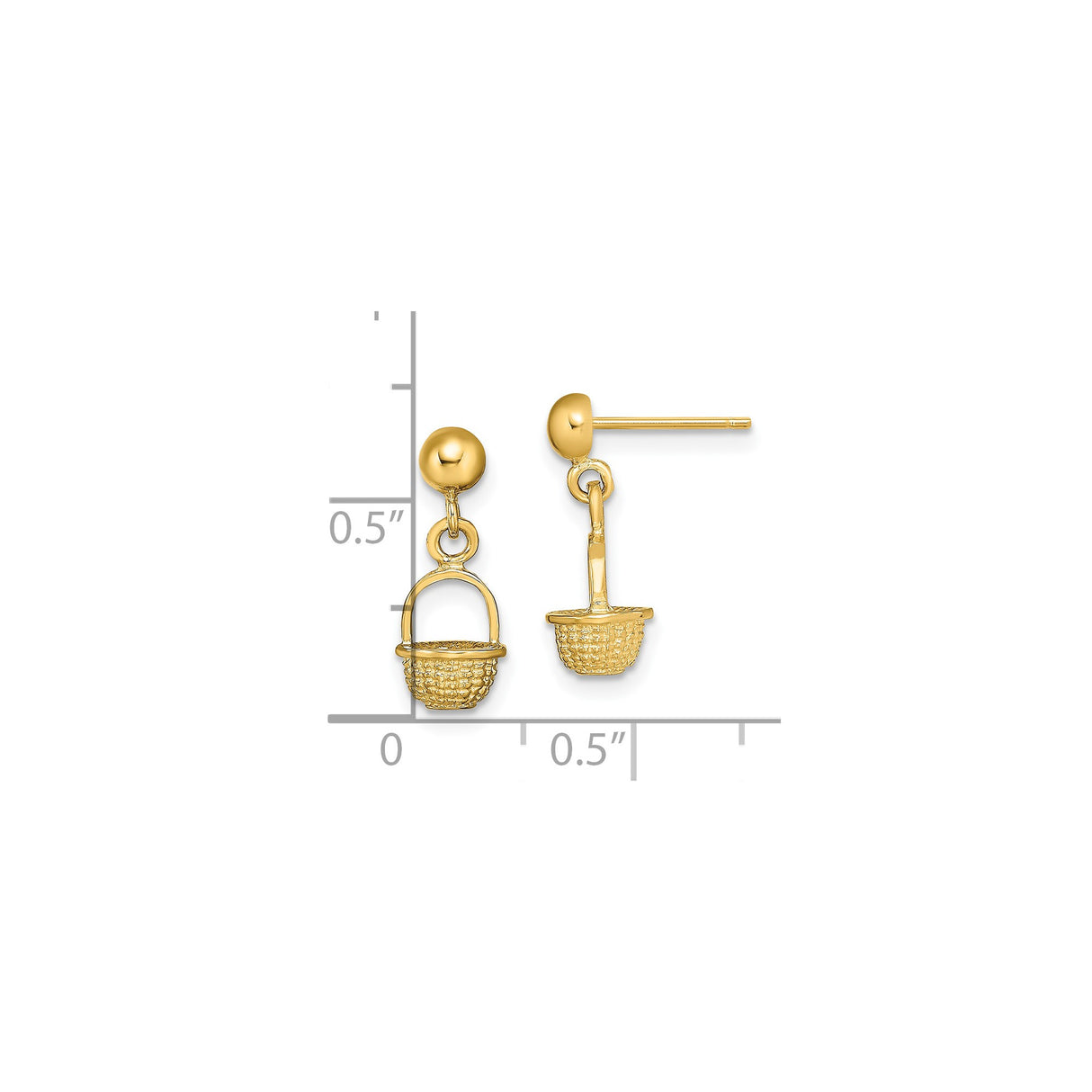 14k Yellow Gold Stud Earrings with Woven Basket Charm Design for Women