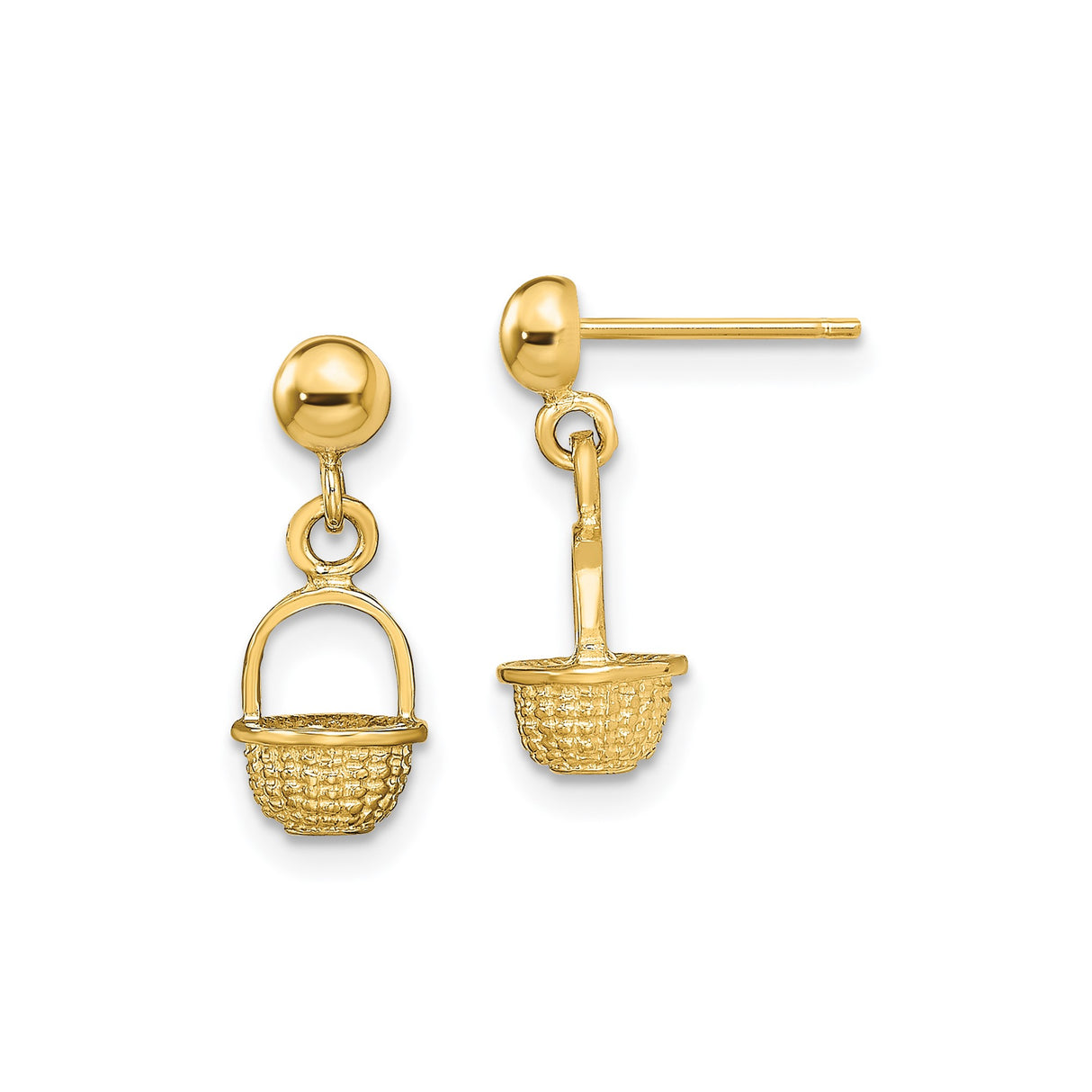 14k Yellow Gold Stud Earrings with Woven Basket Charm Design for Women