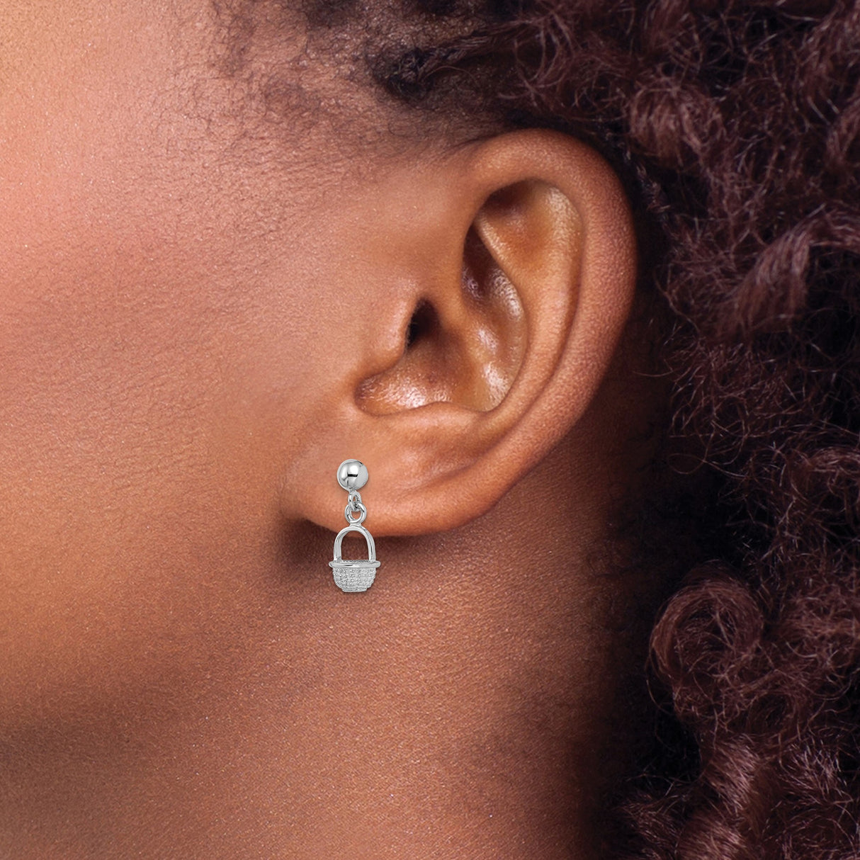 14k White Gold Dangle Earrings with Woven Basket Charms, Nature Inspired Design