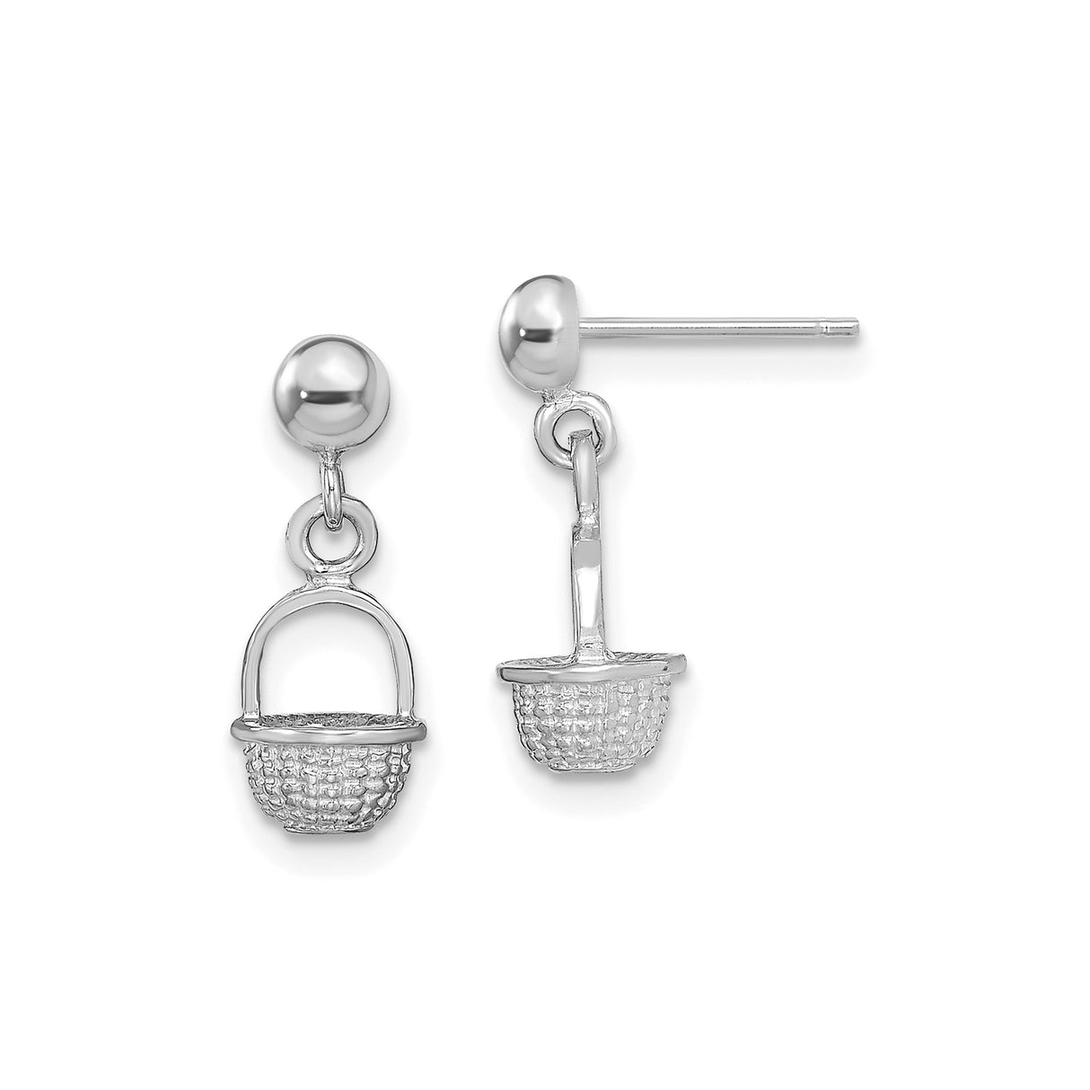 14k White Gold Dangle Earrings with Woven Basket Charms, Nature Inspired Design