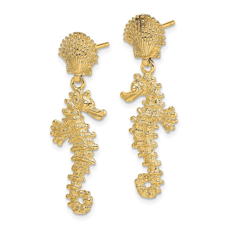 14k Yellow Gold Dangle Earrings with Seahorse Charm and Textured Seashell Studs