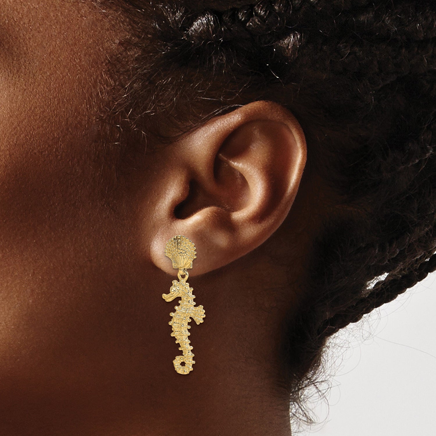 14k Yellow Gold Dangle Earrings with Seahorse Charm and Textured Seashell Studs