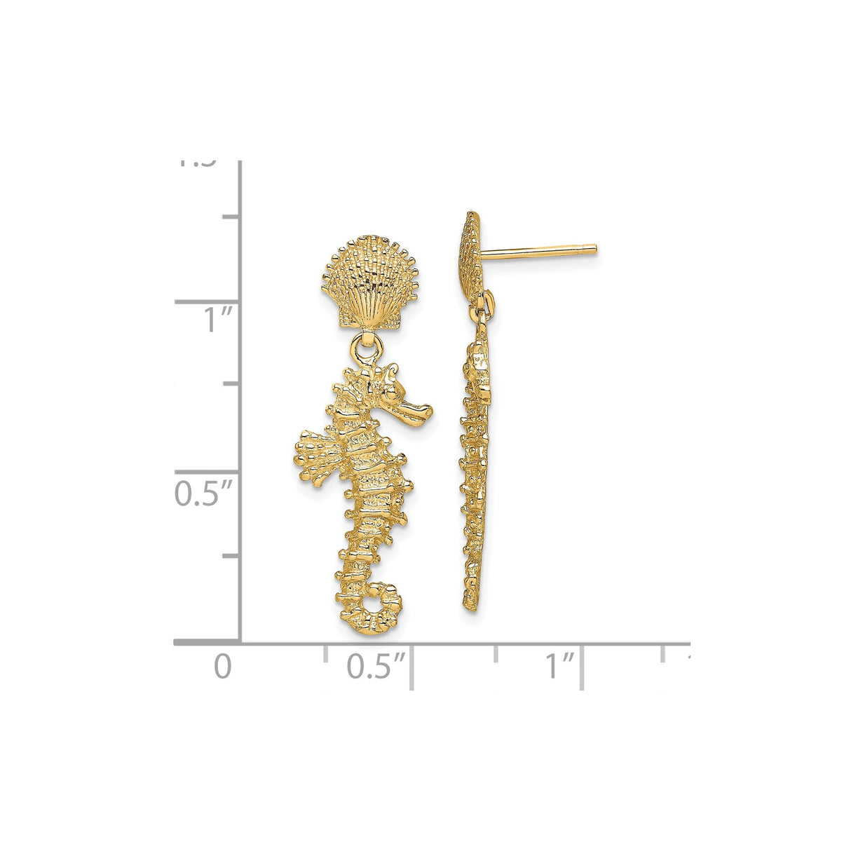 14k Yellow Gold Dangle Earrings with Seahorse Charm and Textured Seashell Studs
