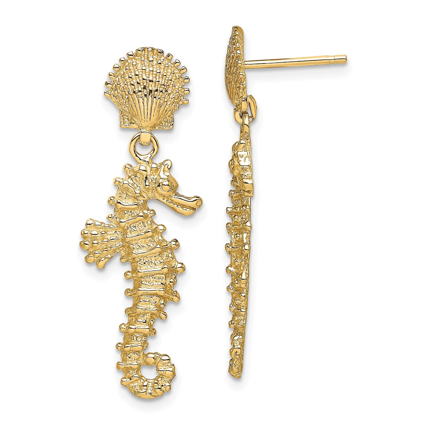 14k Yellow Gold Dangle Earrings with Seahorse Charm and Textured Seashell Studs
