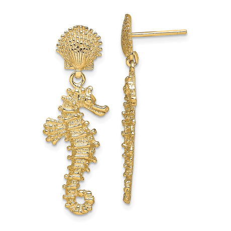 14k Yellow Gold Dangle Earrings with Seahorse Charm and Textured Seashell Studs