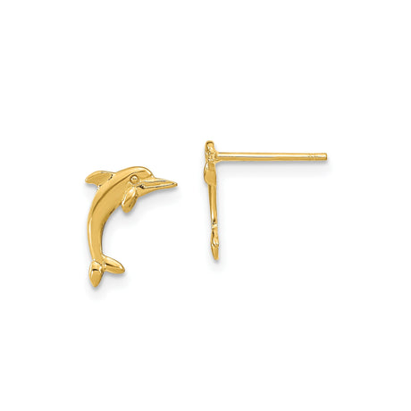 14k Yellow Gold Dolphin Stud Earrings, Lightweight Nautical Animal Design for Women and Girls