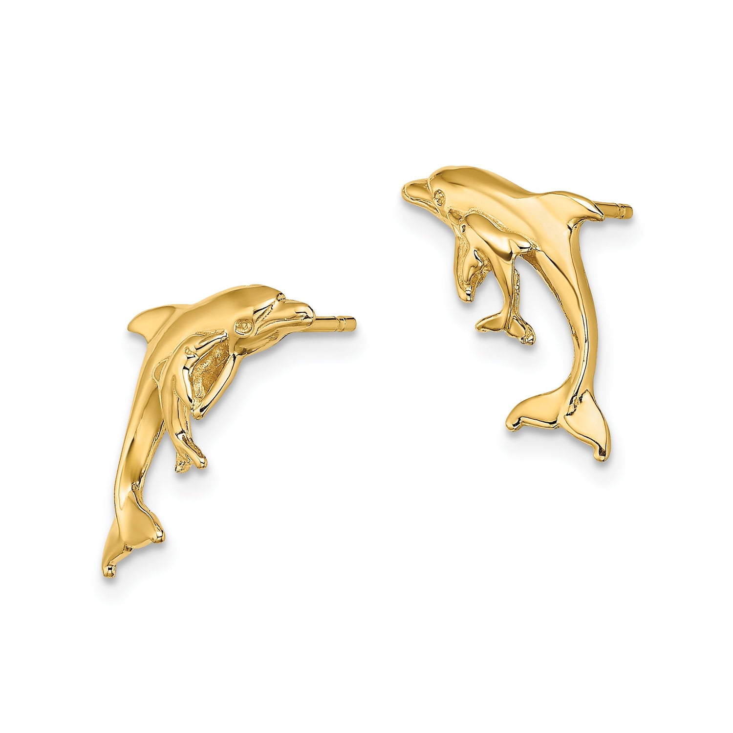 14k Yellow Gold Dolphin Stud Earrings, Nautical Animal Jewelry for Women