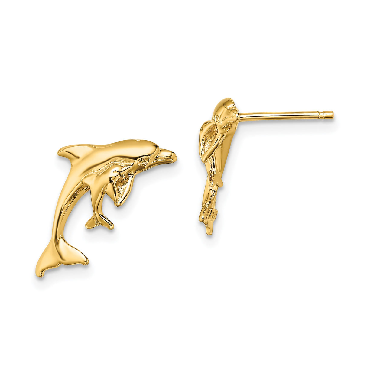 14k Yellow Gold Dolphin Stud Earrings, Nautical Animal Jewelry for Women