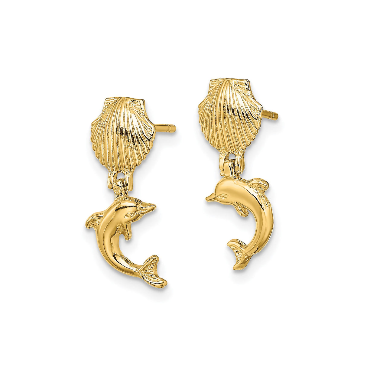 14k Yellow Gold Dolphin Dangle Earrings with Scallop Seashell Post, Ocean Theme