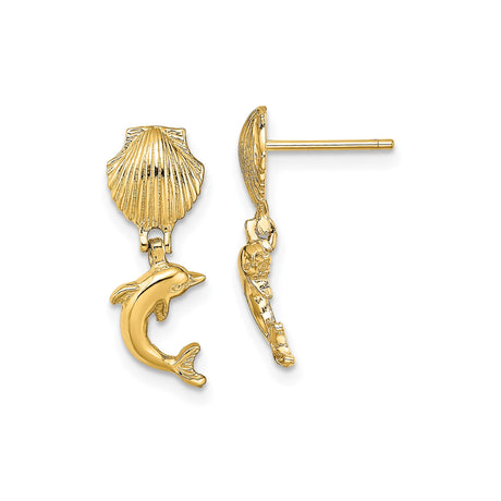 14k Yellow Gold Dolphin Dangle Earrings with Scallop Seashell Post, Ocean Theme