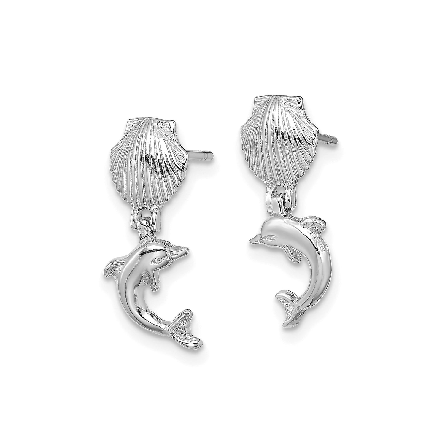 14k White Gold Earrings with Seashell Studs and Dolphin Charms, Ocean Theme
