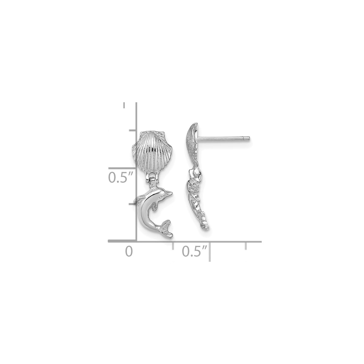 14k White Gold Earrings with Seashell Studs and Dolphin Charms, Ocean Theme