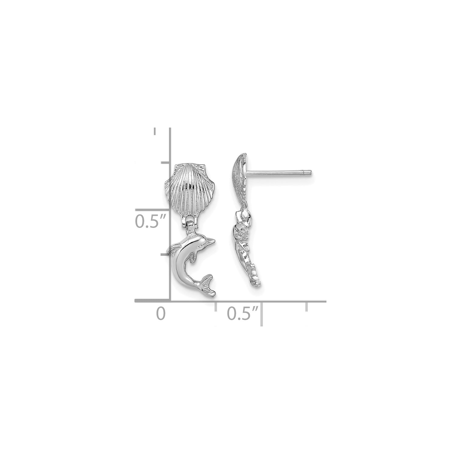 14k White Gold Earrings with Seashell Studs and Dolphin Charms, Ocean Theme