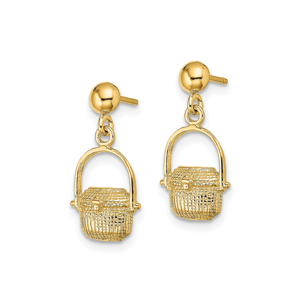 14k Yellow Gold Drop Earrings with Woven Basket Charms, Picnic Theme, Textured Artisan Design