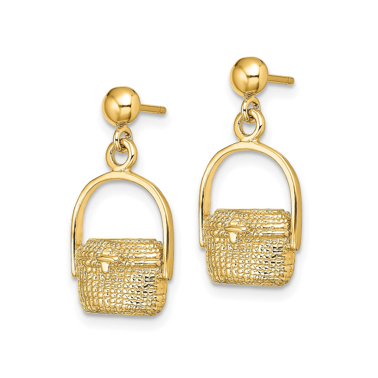 14k Yellow Gold Earrings, Woven Picnic Basket Dangle Studs, Textured Lightweight Design