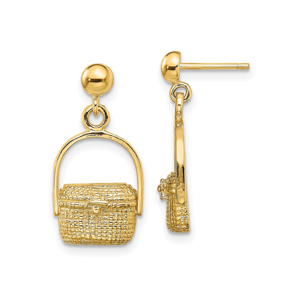 14k Yellow Gold Earrings, Woven Picnic Basket Dangle Studs, Textured Lightweight Design