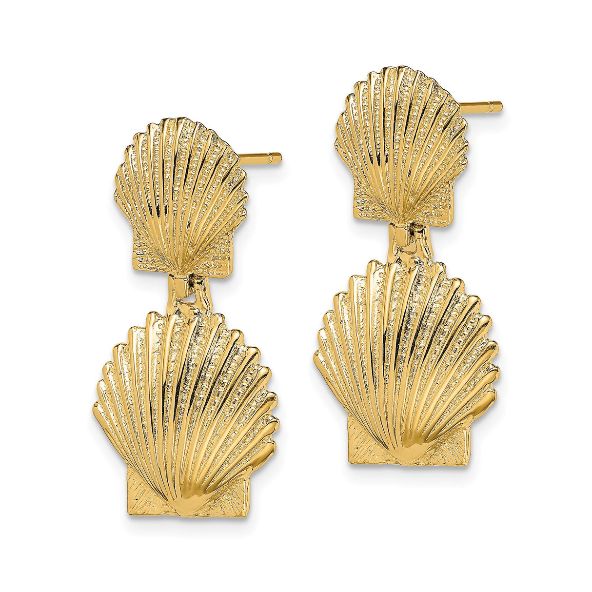 14k Yellow Gold Dangle Earrings with Double Scallop Seashell Design, Nautical Style Jewelry for Women
