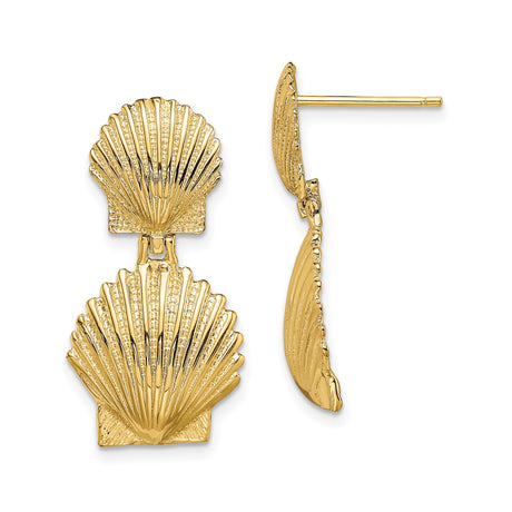 14k Yellow Gold Dangle Earrings with Double Scallop Seashell Design, Nautical Style Jewelry for Women