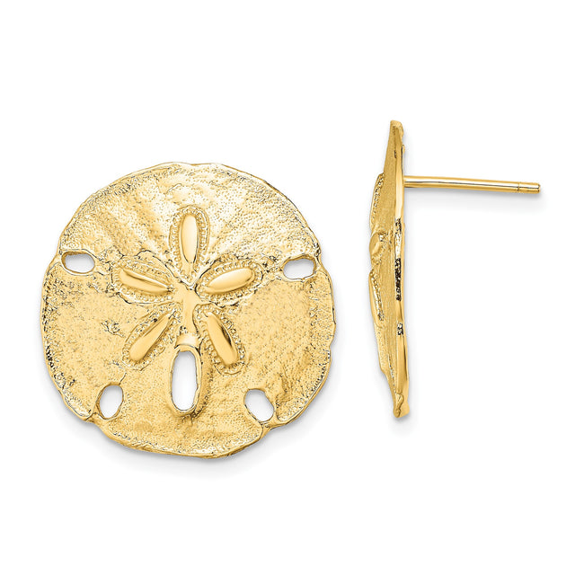 14k Yellow Gold Sand Dollar Stud Earrings, Textured Coastal Nautical Design for Women