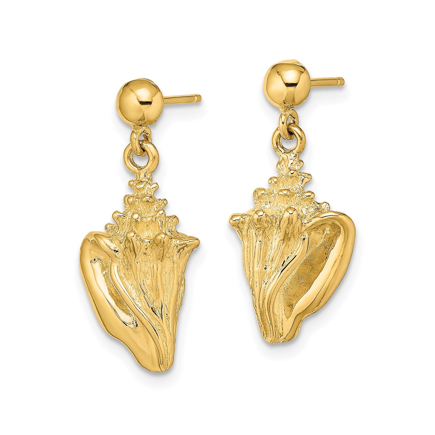 14k Yellow Gold Dangle Earrings with Conch Shell Charms, Nautical Beach Style for Women