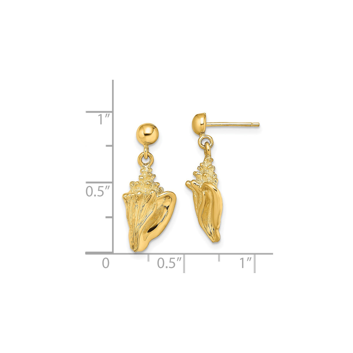 14k Yellow Gold Dangle Earrings with Conch Shell Charms, Nautical Beach Style for Women