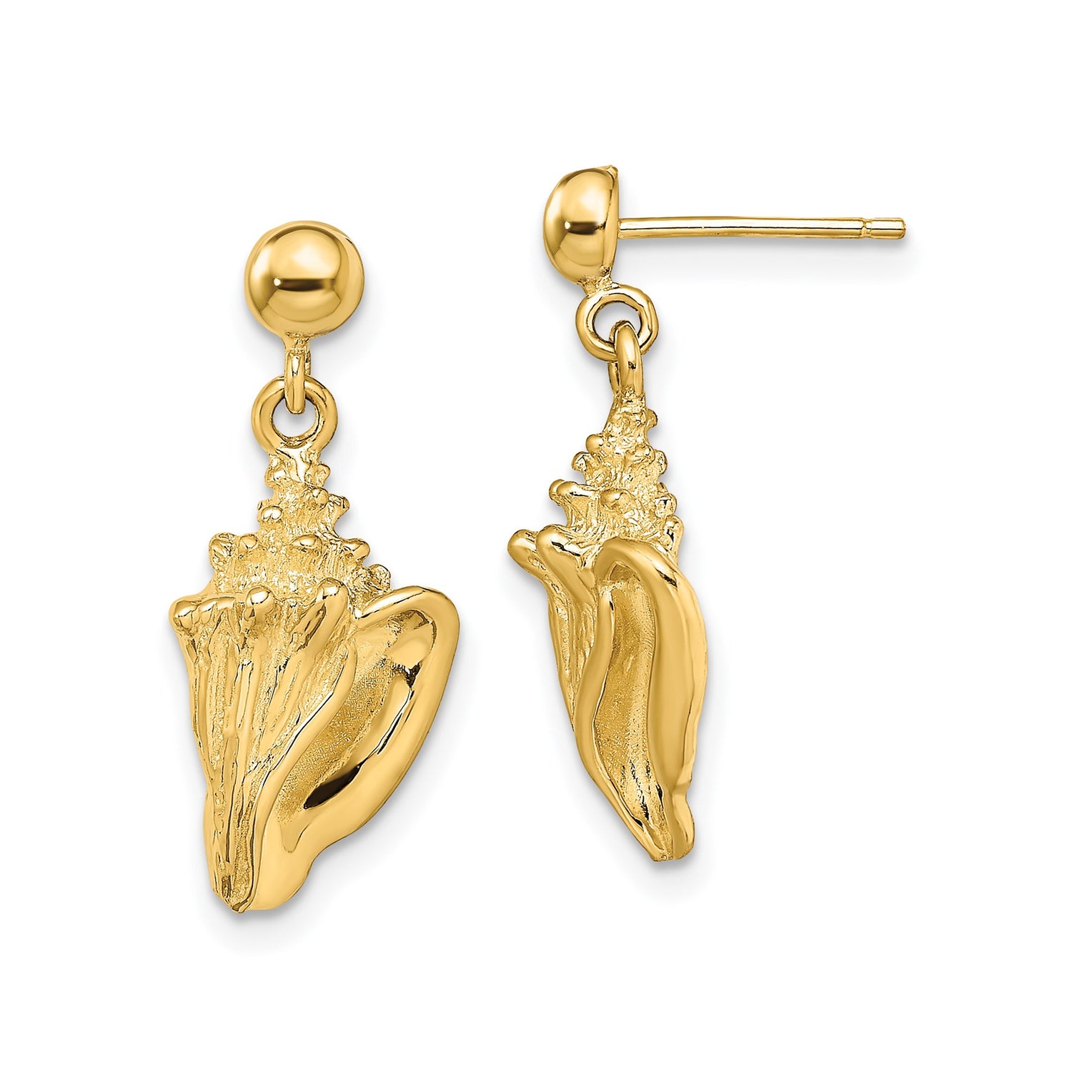 14k Yellow Gold Dangle Earrings with Conch Shell Charms, Nautical Beach Style for Women