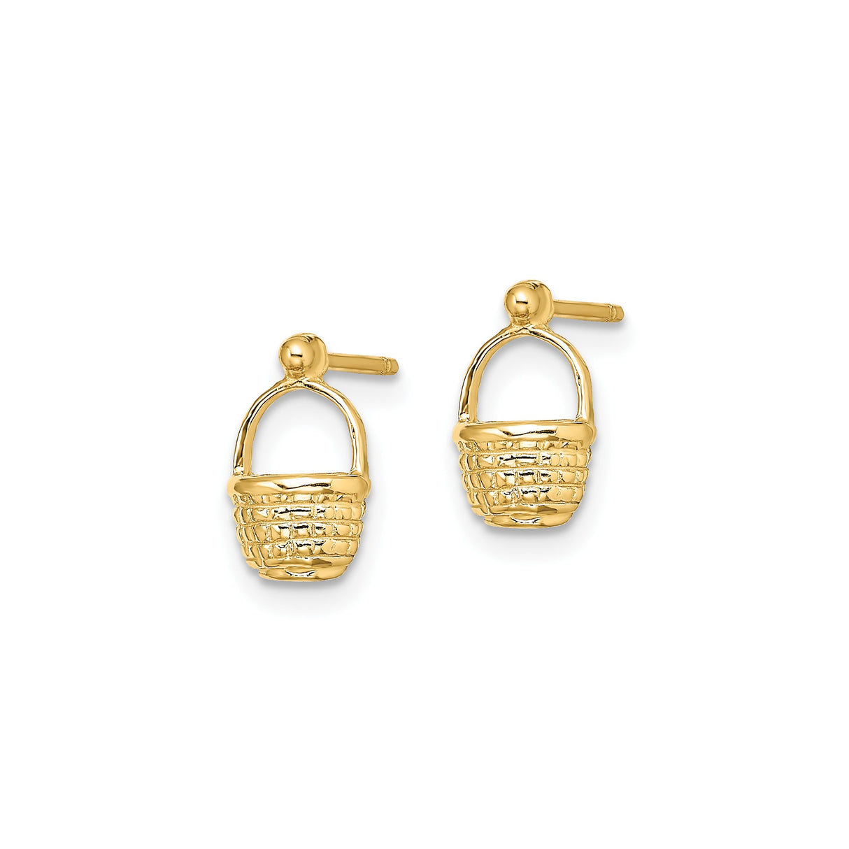 14k Yellow Gold Basket Stud Earrings with Woven Motif and Spring Design