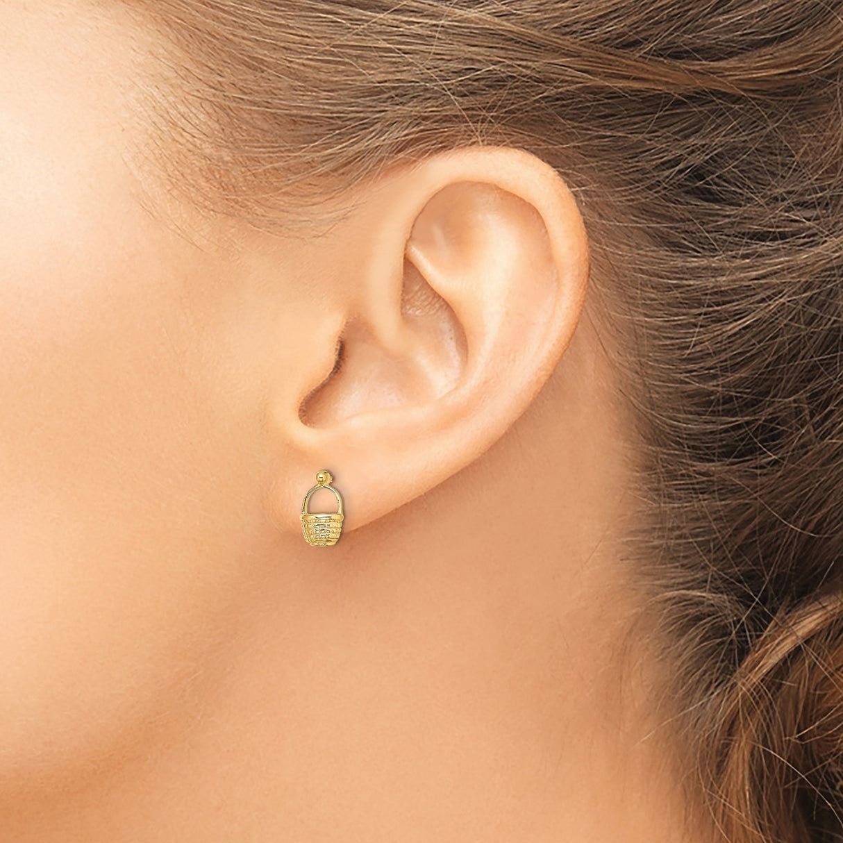 14k Yellow Gold Basket Stud Earrings with Woven Motif and Spring Design