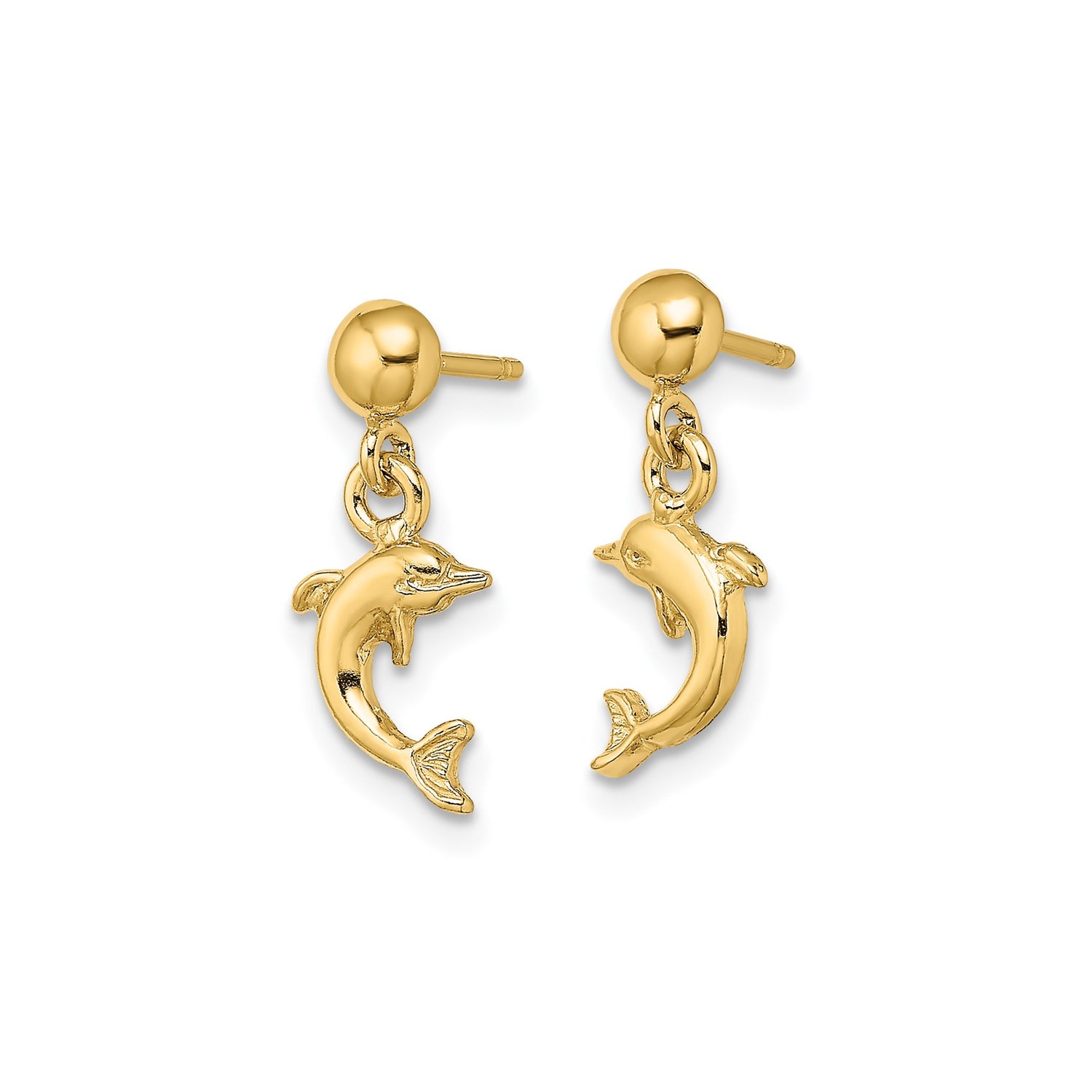 14k Yellow Gold Dolphin Dangle Earrings, Nautical Marine Life Theme for Women