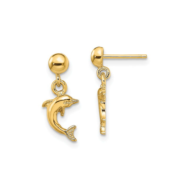 14k Yellow Gold Dolphin Dangle Earrings, Nautical Marine Life Theme for Women
