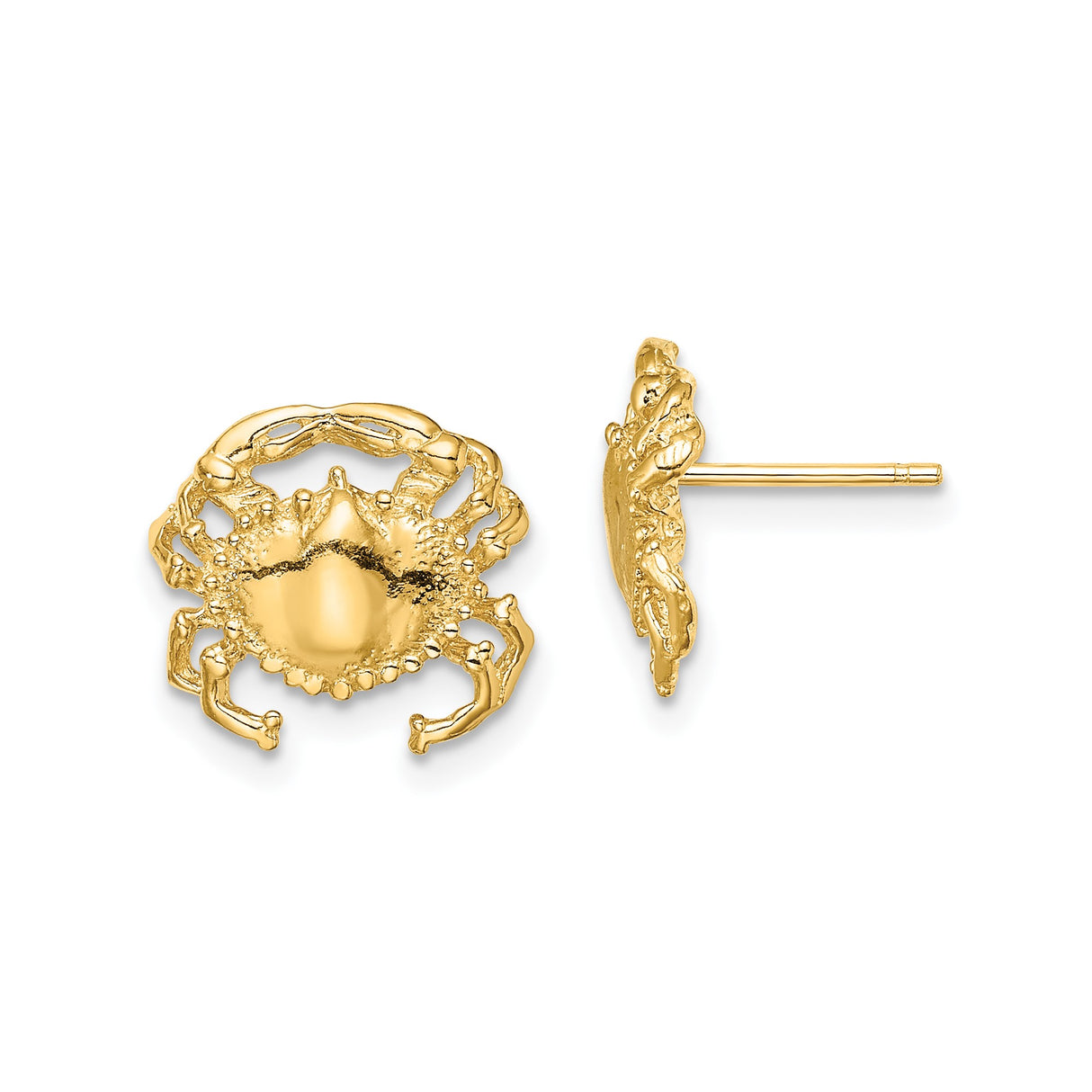 14k Yellow Gold Crab Stud Earrings, Nautical Sea Life Design with Cancer Zodiac Symbol