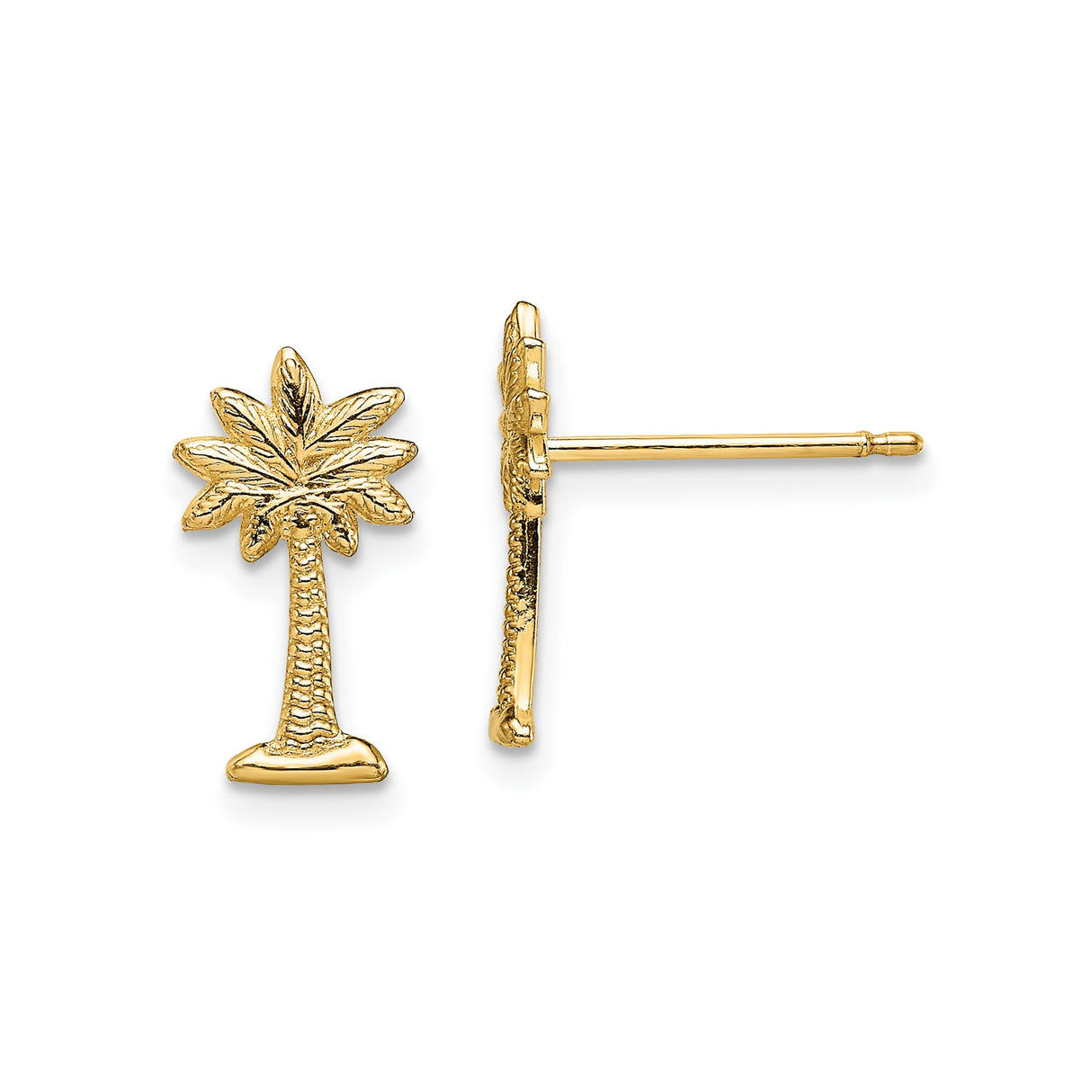 14k Yellow Gold Palm Tree Stud Earrings, Tropical Coastal Design for Women