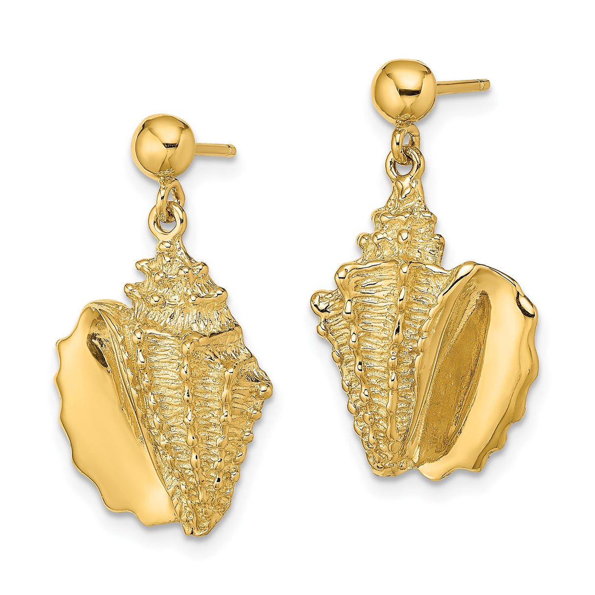 14k Yellow Gold Dangle Earrings with Conch Shell Charms, Nautical Coastal Beach Theme Jewelry