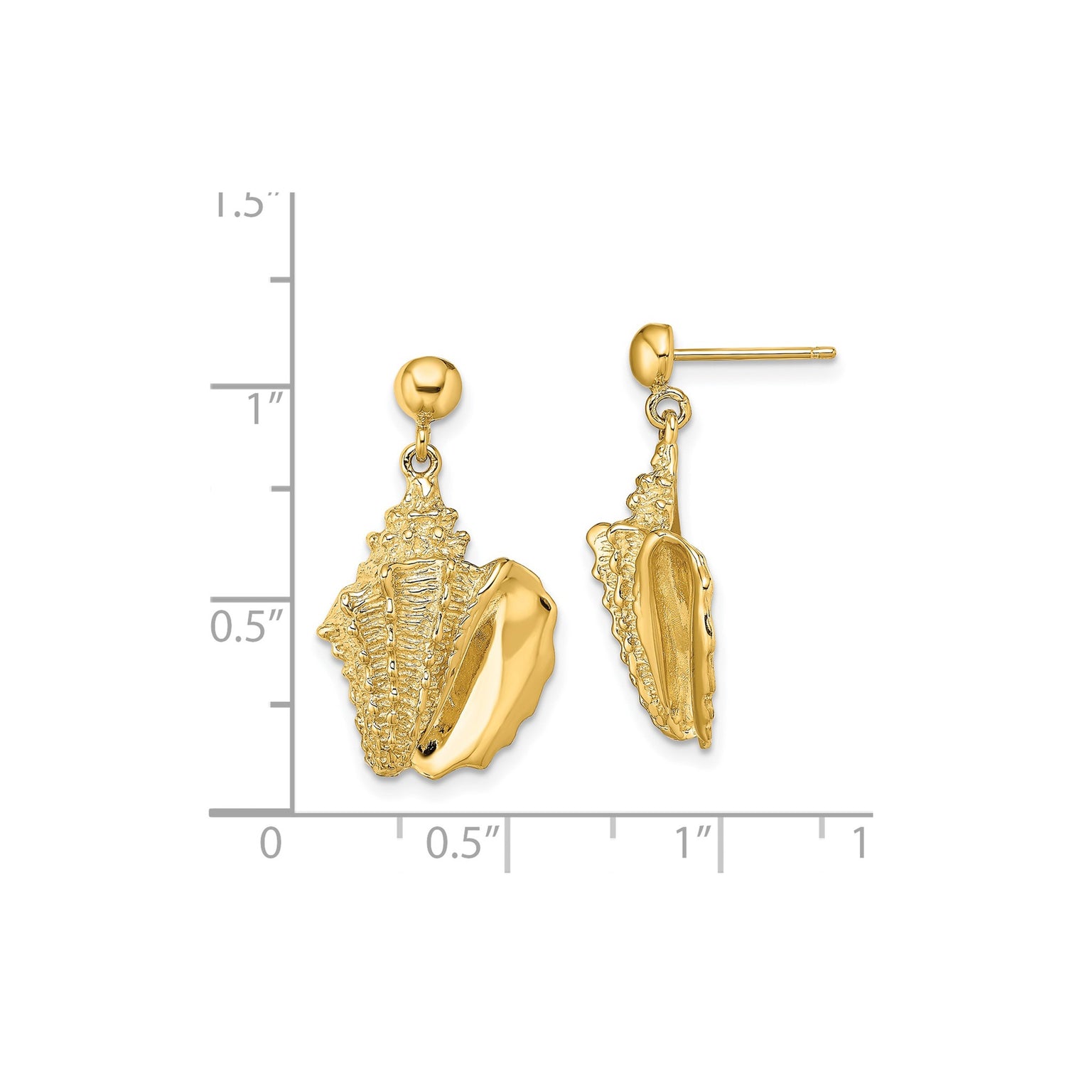 14k Yellow Gold Dangle Earrings with Conch Shell Charms, Nautical Coastal Beach Theme Jewelry