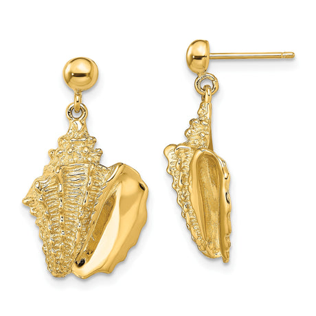 14k Yellow Gold Dangle Earrings with Conch Shell Charms, Nautical Coastal Beach Theme Jewelry