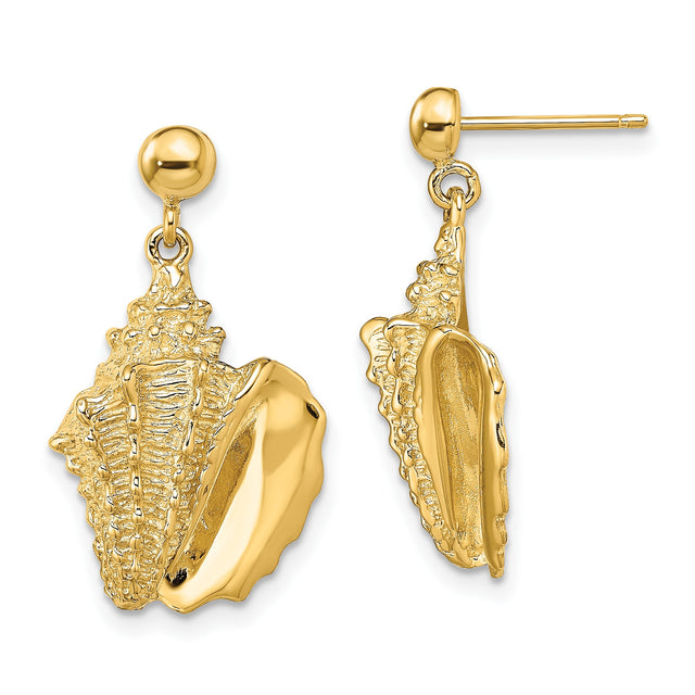 14k Yellow Gold Dangle Earrings with Conch Shell Charms, Nautical Coastal Beach Theme Jewelry