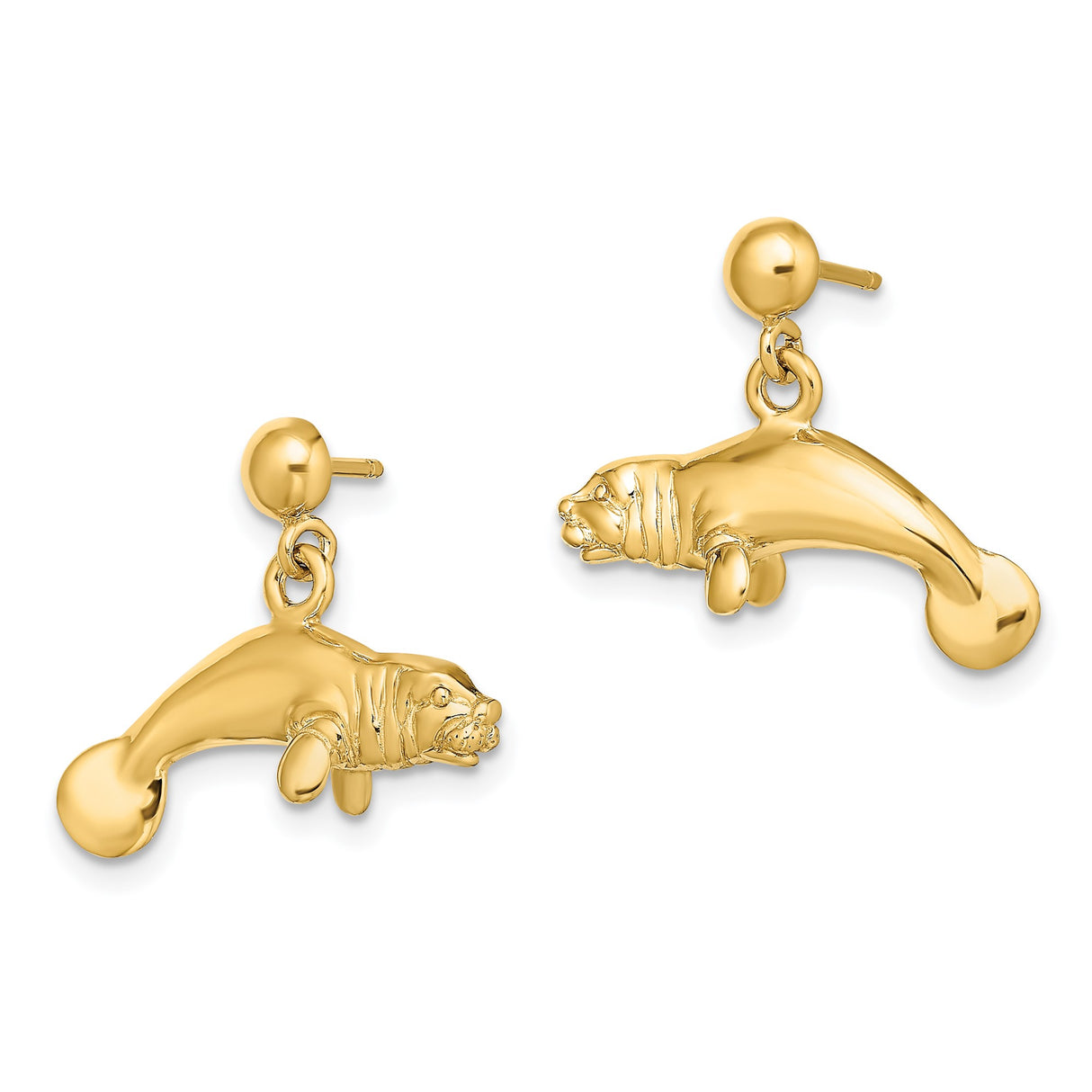 14k Yellow Gold Manatee Dangle Earrings, Polished Sea Cow Charms, Ocean Wildlife Theme