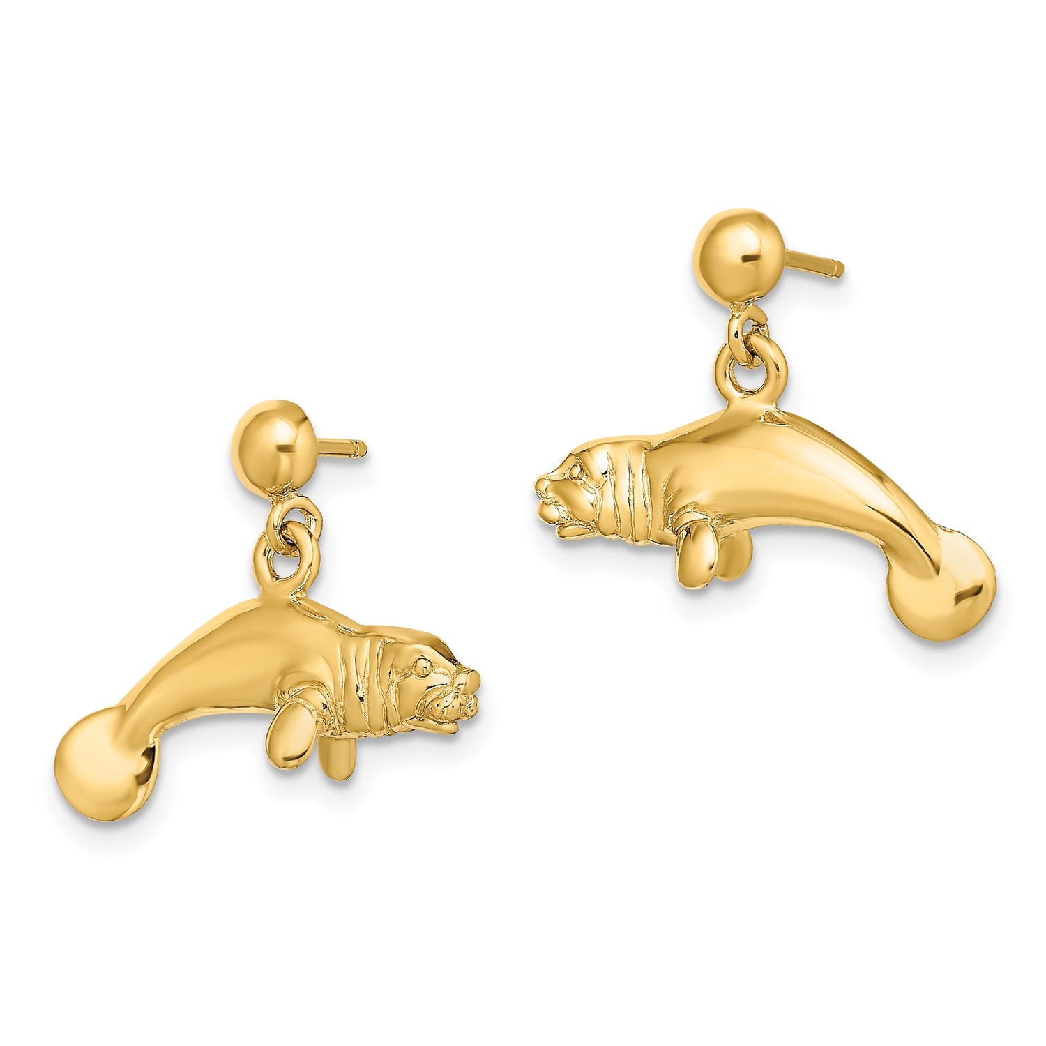 14k Yellow Gold Manatee Dangle Earrings, Polished Sea Cow Charms, Ocean Wildlife Theme