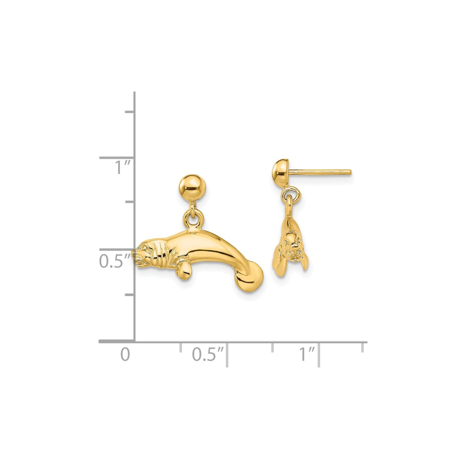 14k Yellow Gold Manatee Dangle Earrings, Polished Sea Cow Charms, Ocean Wildlife Theme