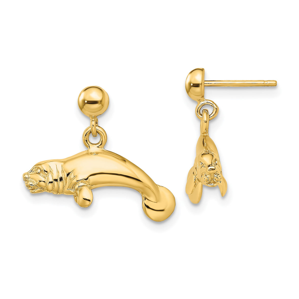 14k Yellow Gold Manatee Dangle Earrings, Polished Sea Cow Charms, Ocean Wildlife Theme
