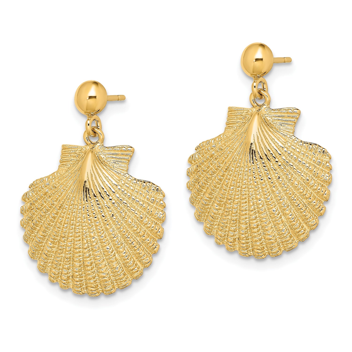 14k Yellow Gold Scallop Sea Shell Dangle Earrings, Nautical Ocean Style for Women