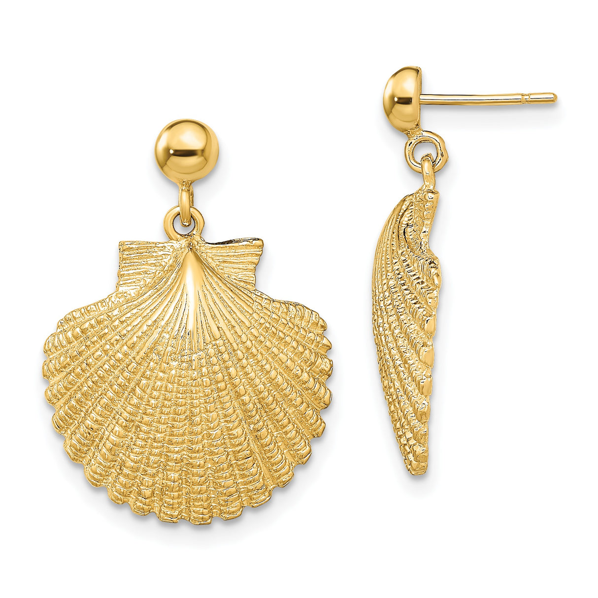 14k Yellow Gold Scallop Sea Shell Dangle Earrings, Nautical Ocean Style for Women