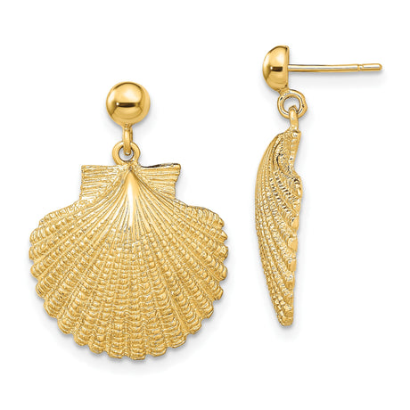 14k Yellow Gold Scallop Sea Shell Dangle Earrings, Nautical Ocean Style for Women